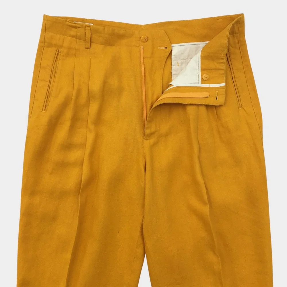 VINTAGE Uomo Studio Mens Yellow Linen Double Pleated Front Trousers Pants 36x32